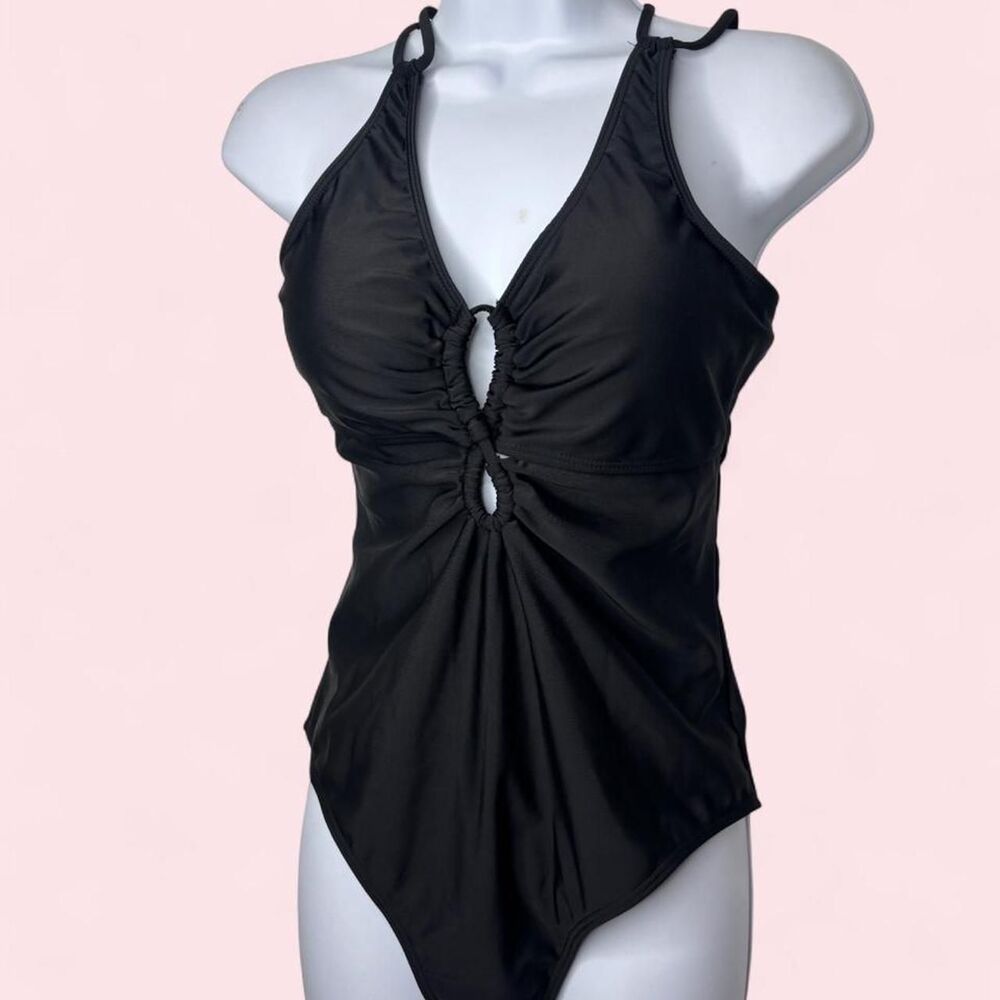 NWOT Black XL One Piece Swimsuit Ruched Cutout Halter Stretch Bathing Suit
